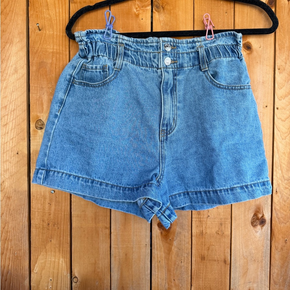 Forever 21 Light Blue High-Waist Paperbag Denim Shorts